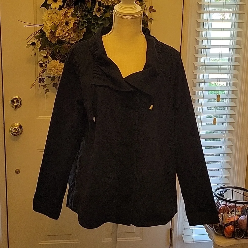Crown & Ivy navy blue 100% cotton short jacket snap front portrait collar L EUC…